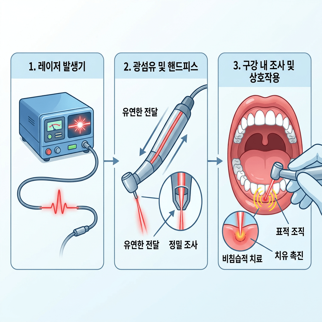 Three-step dental laser treatment process with laser generator, handpiece, and oral application