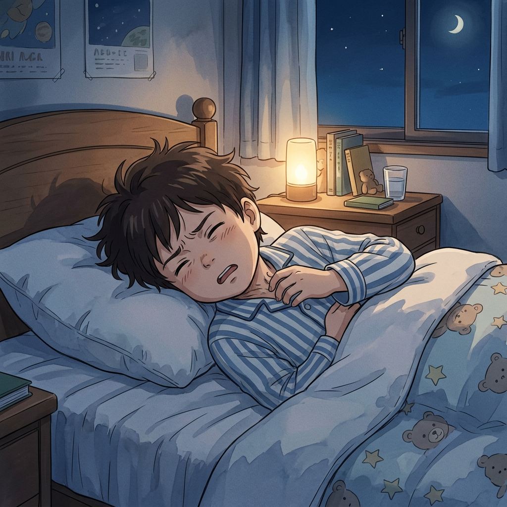Boy in striped pajamas lying in bed holding his throat, appearing in pain at night