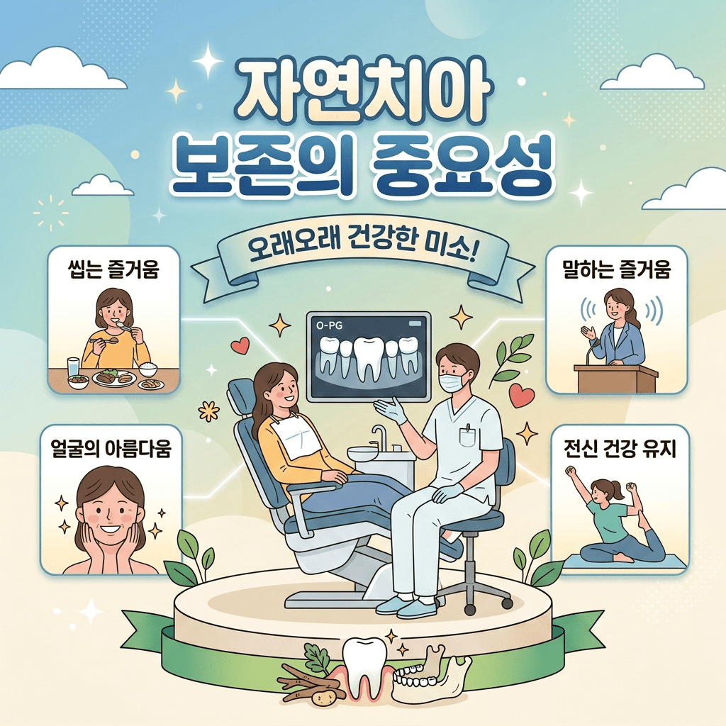 현재 이미지: Illustration showing the importance of preserving natural teeth with benefits like chewing, smiling, speaking, and health