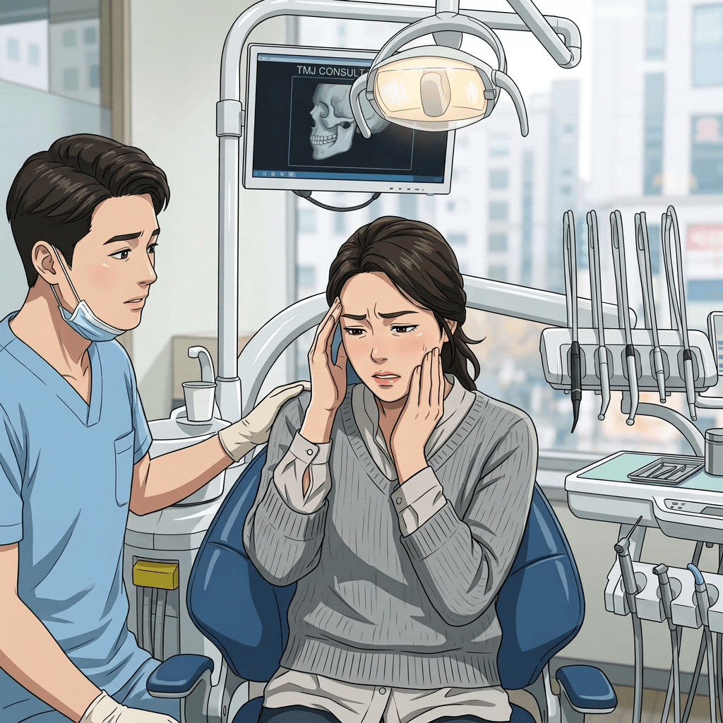 현재 이미지: Woman sitting in dental chair holding jaw in pain with dentist offering support