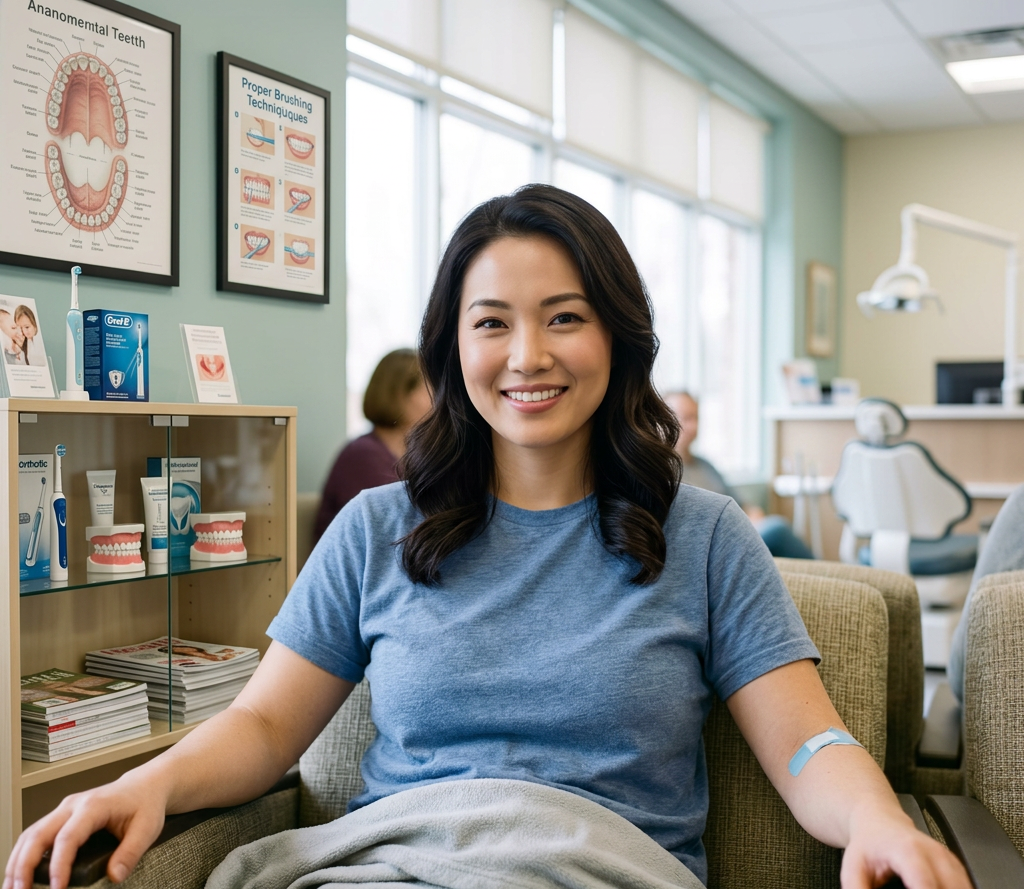 Smiling woman sitting in a chair with a bandage on her arm after blood donation