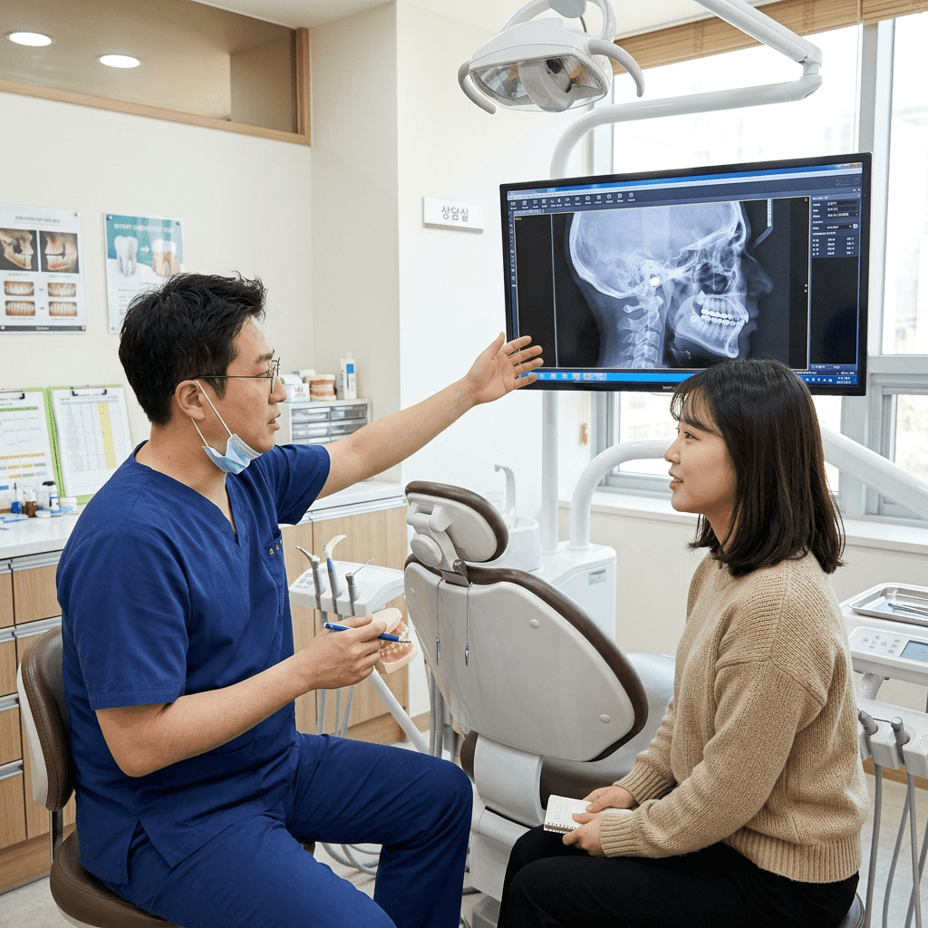 Dentist showing dental X-ray on screen to seated patient